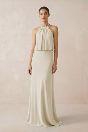Halter Sheath Ruffled Chiffon Bridesmaid Dress in Dove Gray - SHE IS ME Bridesmaid Dresses