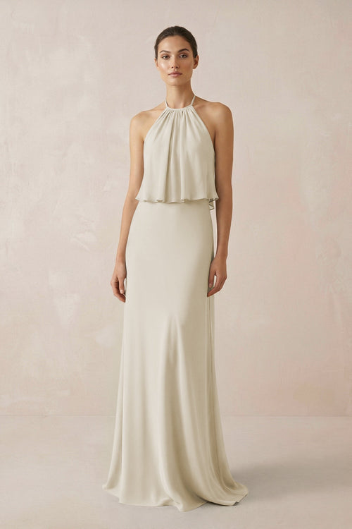 Halter Sheath Ruffled Chiffon Bridesmaid Dress in Dove Gray - SHE IS ME Bridesmaid Dresses
