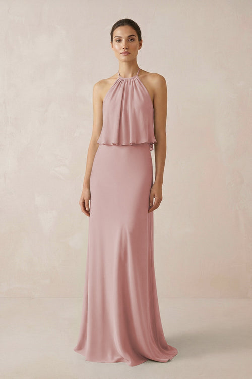 Halter Sheath Ruffled Chiffon Bridesmaid Dress in Dusty Rose - SHE IS ME Bridesmaid Dresses