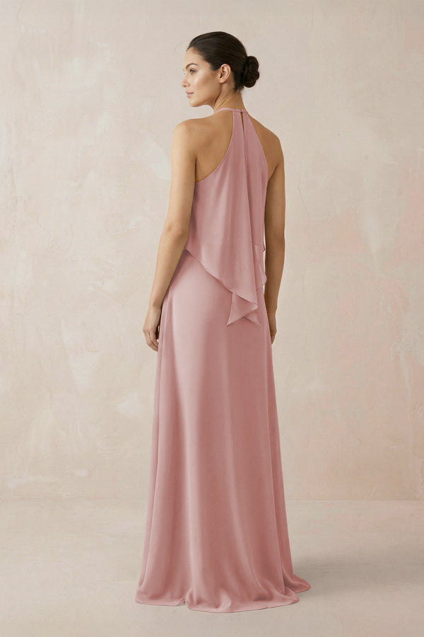 Halter Sheath Ruffled Chiffon Bridesmaid Dress in Dusty Rose - SHE IS ME Bridesmaid Dresses