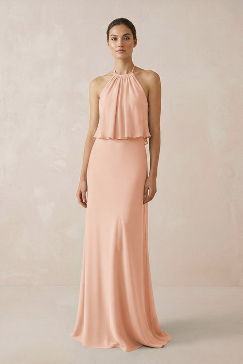 Halter Sheath Ruffled Chiffon Bridesmaid Dress in English Rose - SHE IS ME Bridesmaid Dresses