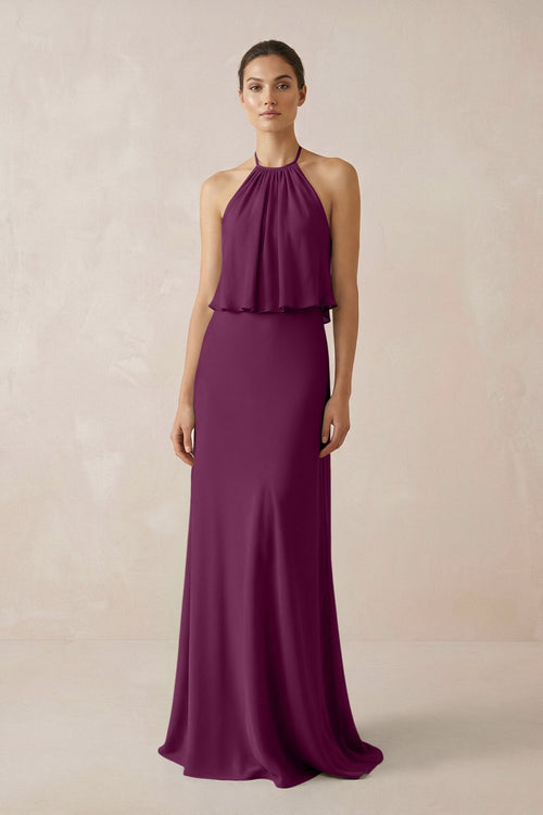 Halter Sheath Ruffled Chiffon Bridesmaid Dress in Fig - SHE IS ME Bridesmaid Dresses