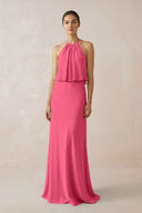 Halter Sheath Ruffled Chiffon Bridesmaid Dress in Fuchsia - SHE IS ME Bridesmaid Dresses