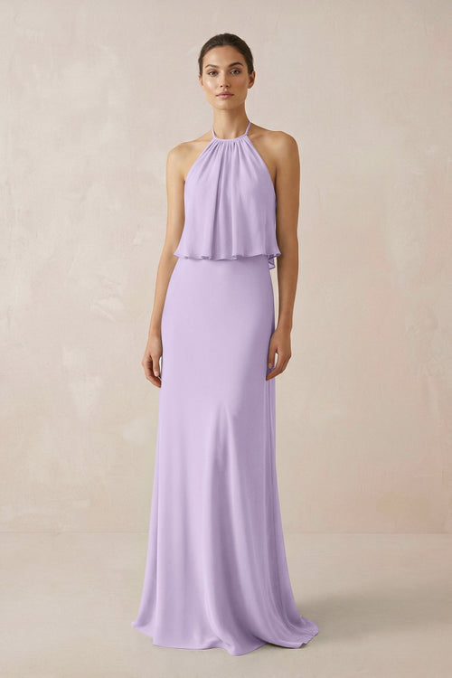Halter Sheath Ruffled Chiffon Bridesmaid Dress in Lavender - SHE IS ME Bridesmaid Dresses