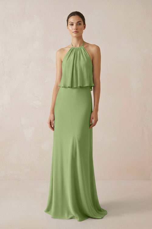 Halter Sheath Ruffled Chiffon Bridesmaid Dress in Matcha - SHE IS ME Bridesmaid Dresses