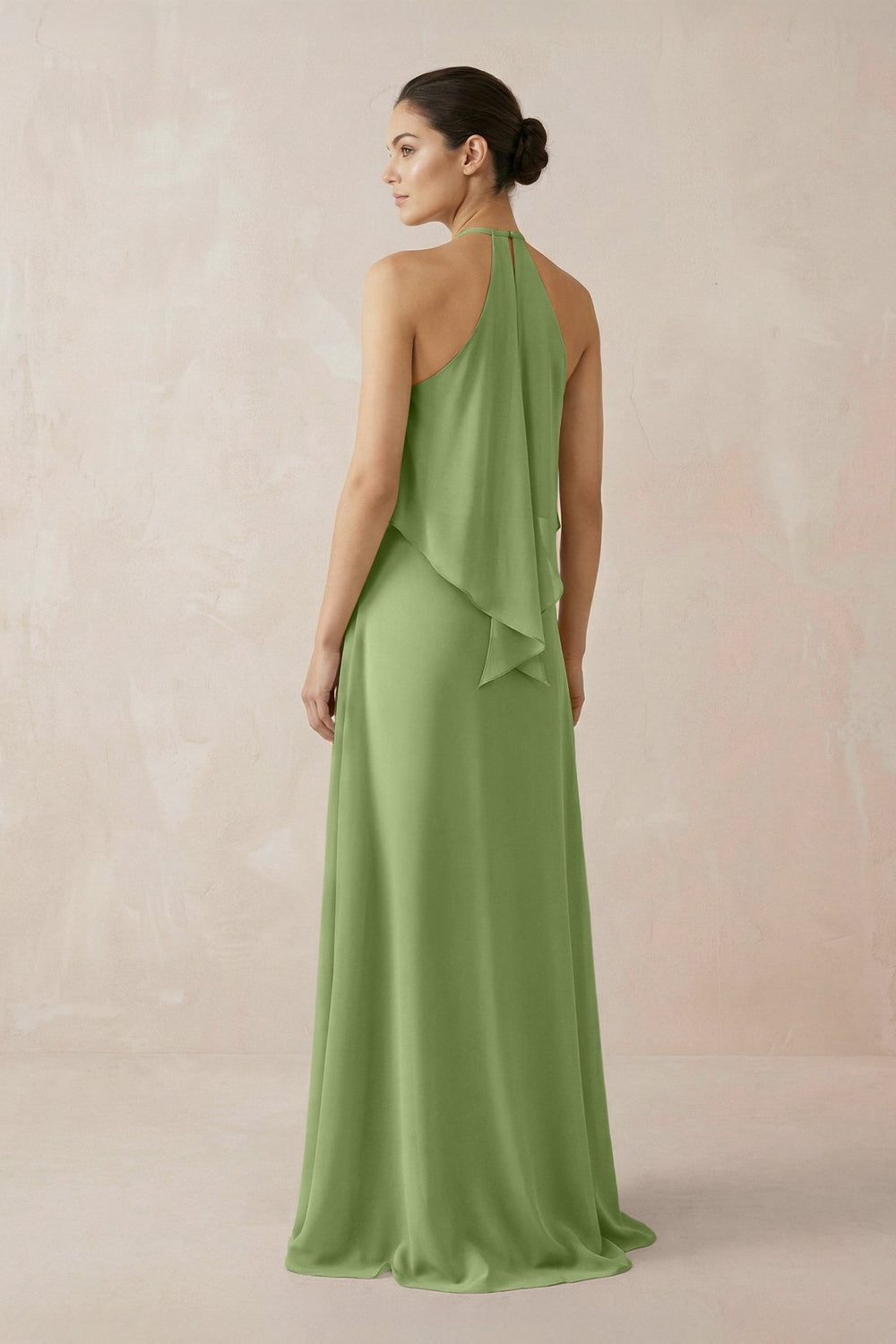 Halter Sheath Ruffled Chiffon Bridesmaid Dress in Matcha - SHE IS ME Bridesmaid Dresses