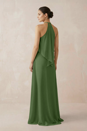 Halter Sheath Ruffled Chiffon Bridesmaid Dress in Moss - SHE IS ME Bridesmaid Dresses