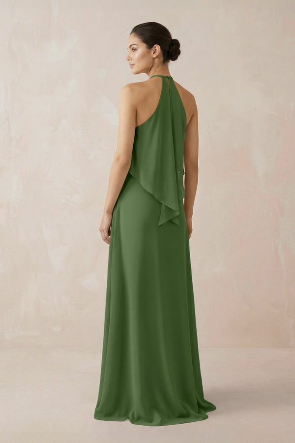 Halter Sheath Ruffled Chiffon Bridesmaid Dress in Moss - SHE IS ME Bridesmaid Dresses