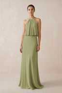 Halter Sheath Ruffled Chiffon Bridesmaid Dress in Moss Green - SHE IS ME Bridesmaid Dresses