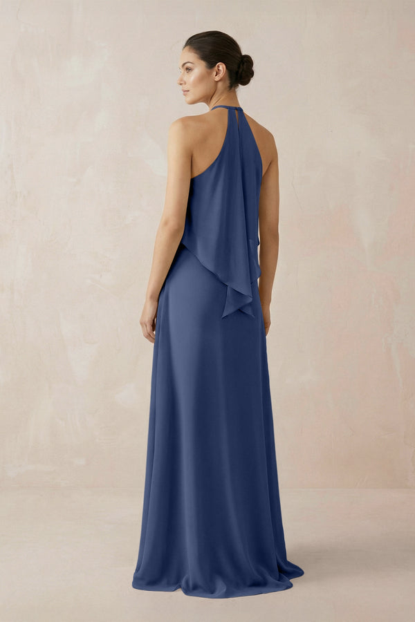 Halter Sheath Ruffled Chiffon Bridesmaid Dress in Navy - SHE IS ME Bridesmaid Dresses