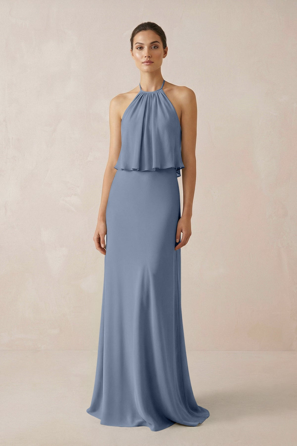 Halter Sheath Ruffled Chiffon Bridesmaid Dress in Neptune - SHE IS ME Bridesmaid Dresses