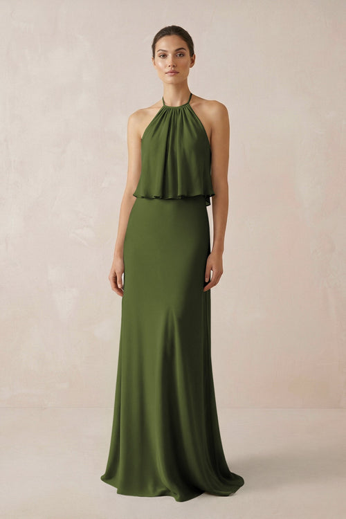 Halter Sheath Ruffled Chiffon Bridesmaid Dress in Olive - SHE IS ME Bridesmaid Dresses