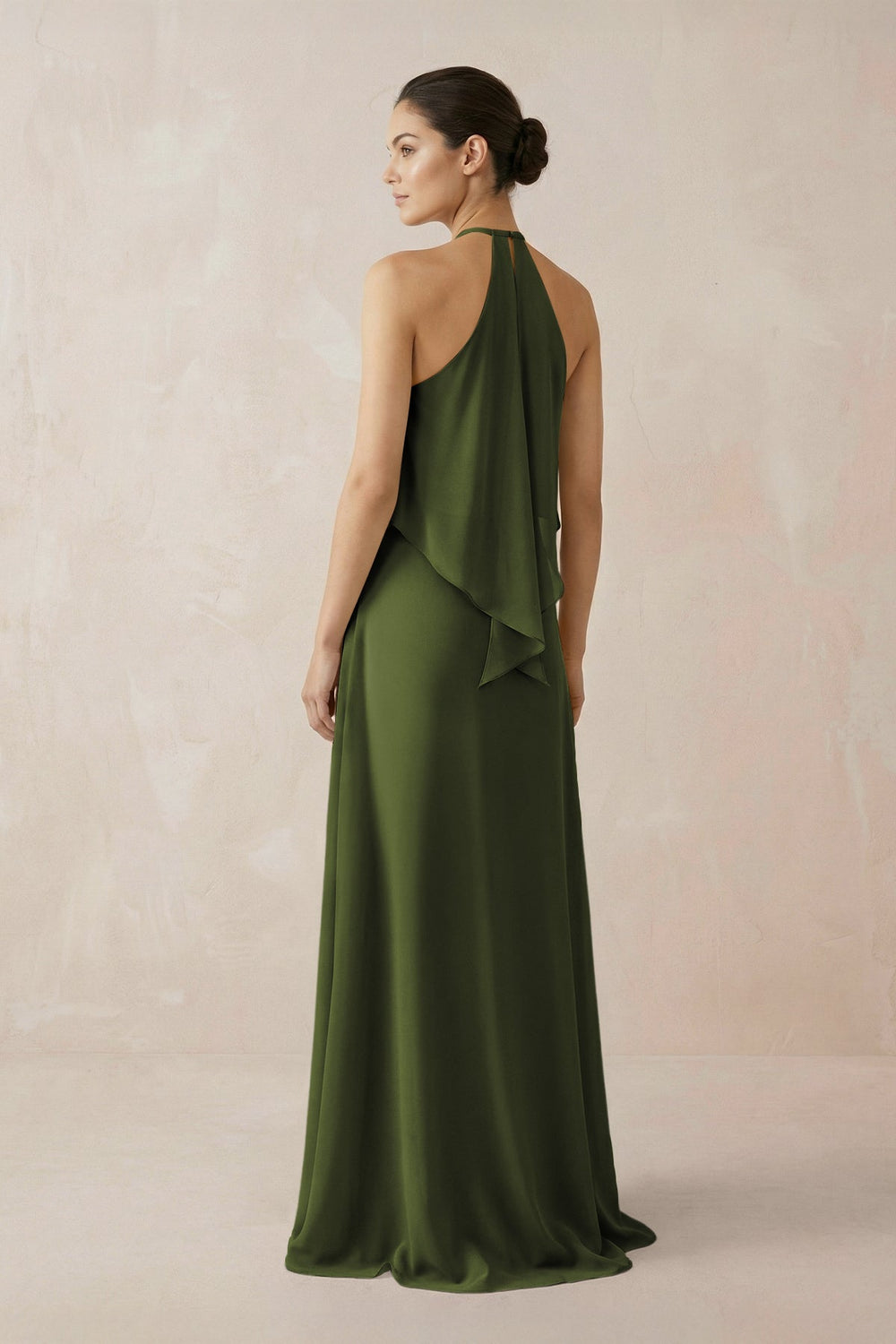 Halter Sheath Ruffled Chiffon Bridesmaid Dress in Olive - SHE IS ME Bridesmaid Dresses