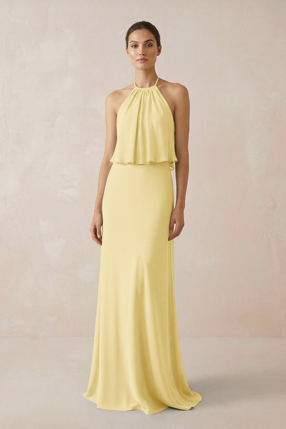 Halter Sheath Ruffled Chiffon Bridesmaid Dress in Pastel Yellow - SHE IS ME Bridesmaid Dresses