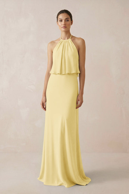 Halter Sheath Ruffled Chiffon Bridesmaid Dress in Pastel Yellow - SHE IS ME Bridesmaid Dresses