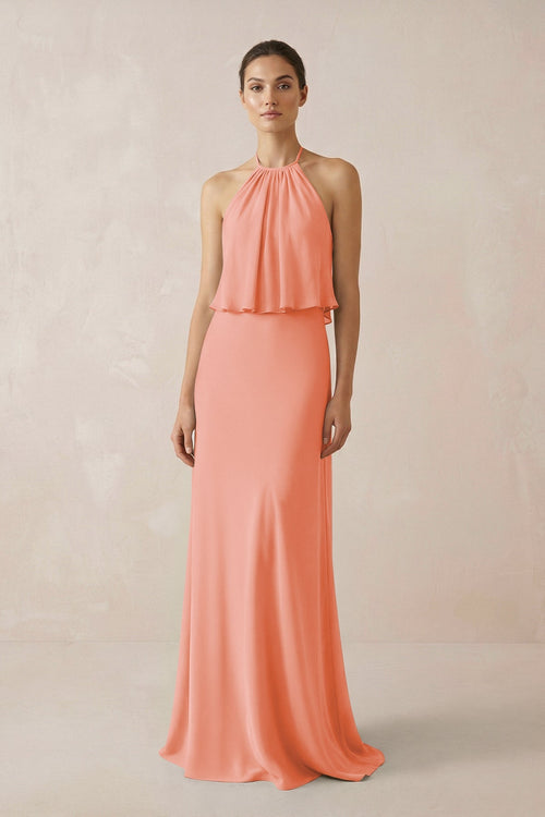 Halter Sheath Ruffled Chiffon Bridesmaid Dress in Rosette - SHE IS ME Bridesmaid Dresses