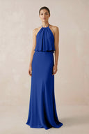 Halter Sheath Ruffled Chiffon Bridesmaid Dress in Royal Blue - SHE IS ME Bridesmaid Dresses