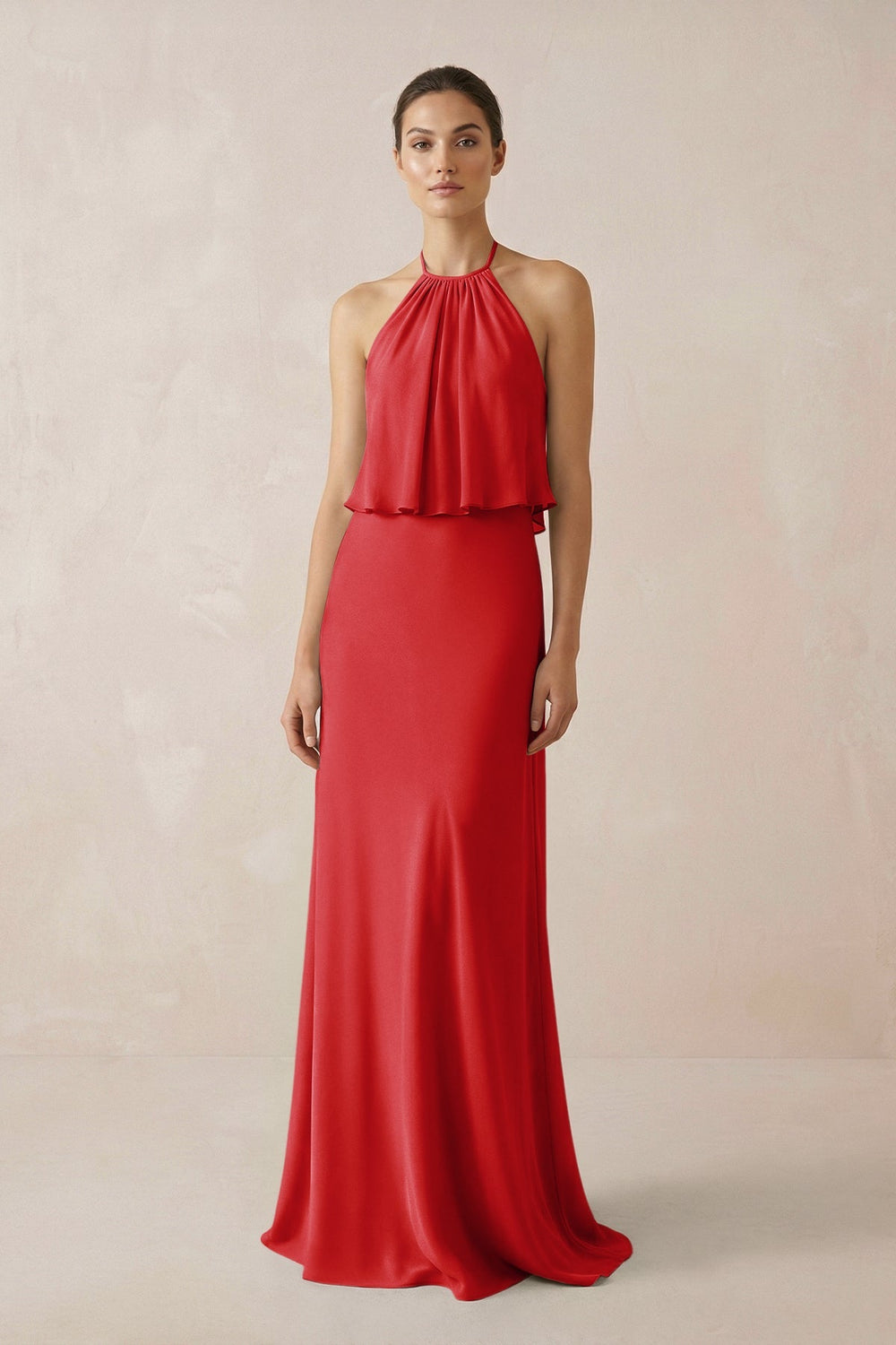 Halter Sheath Ruffled Chiffon Bridesmaid Dress in Ruby Red - SHE IS ME Bridesmaid Dresses