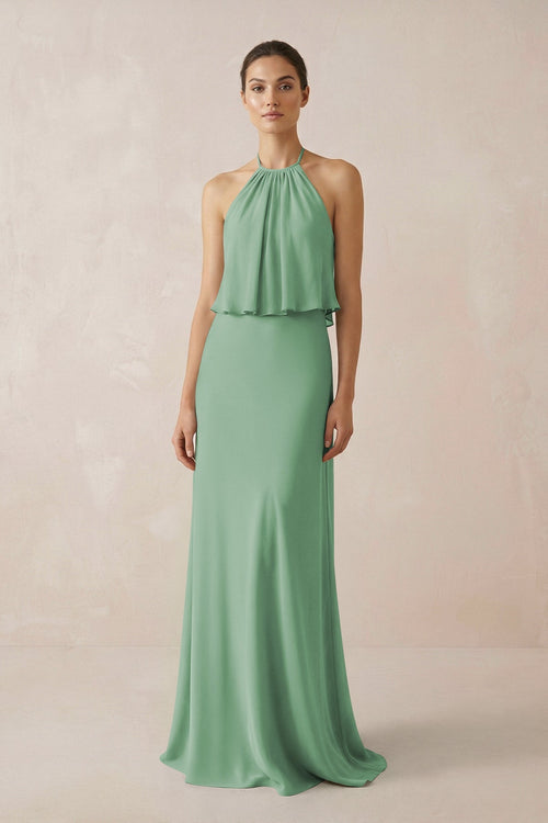 Halter Sheath Ruffled Chiffon Bridesmaid Dress in Sea Glass - SHE IS ME Bridesmaid Dresses