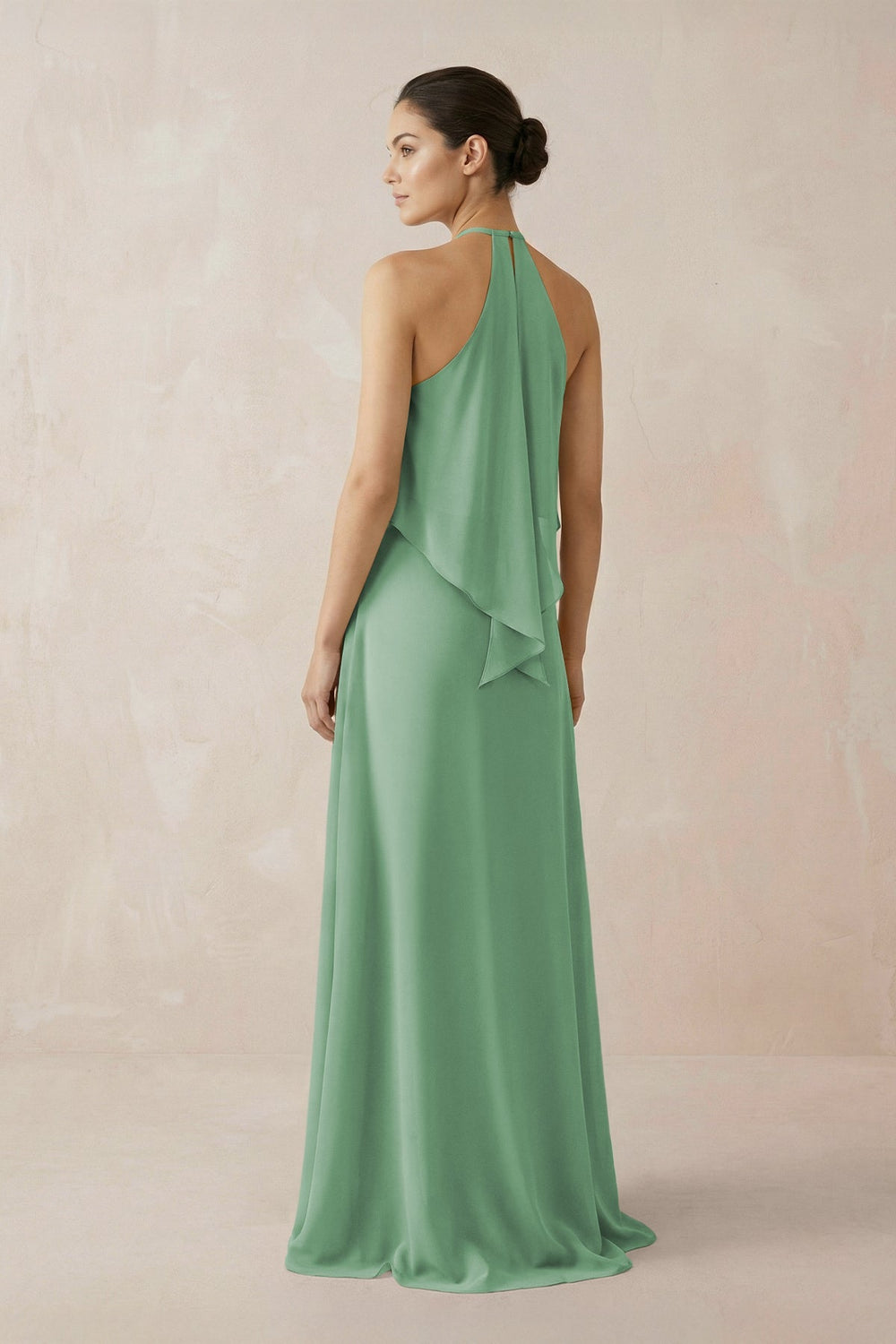 Halter Sheath Ruffled Chiffon Bridesmaid Dress in Sea Glass - SHE IS ME Bridesmaid Dresses