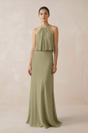 Halter Sheath Ruffled Chiffon Bridesmaid Dress in Thyme - SHE IS ME Bridesmaid Dresses