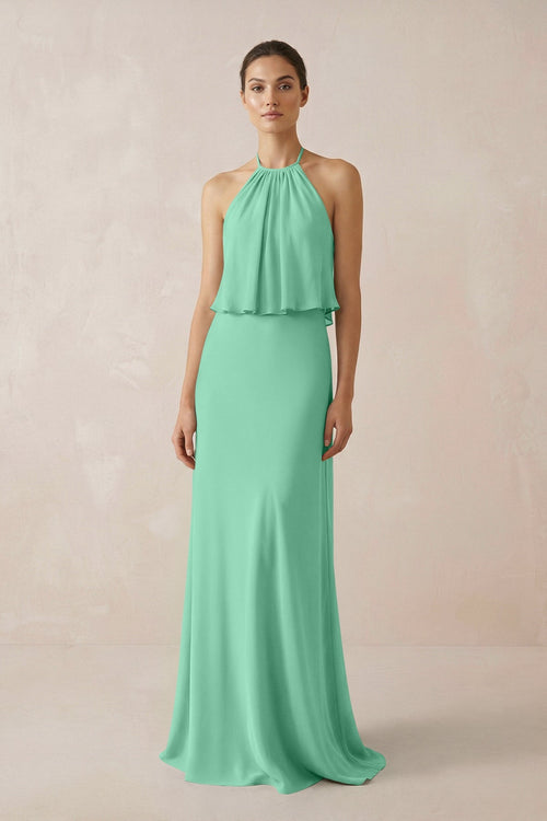 Halter Sheath Ruffled Chiffon Bridesmaid Dress in Turquoise - SHE IS ME Bridesmaid Dresses