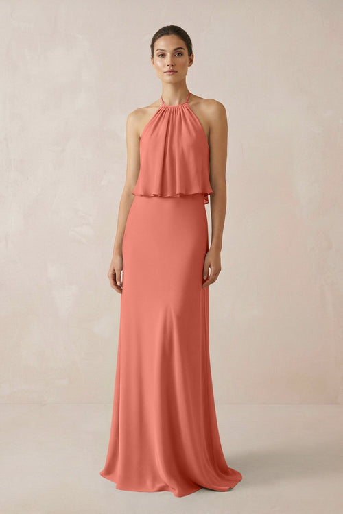 Halter Sheath Ruffled Chiffon Bridesmaid Dress in Wild Rose - SHE IS ME Bridesmaid Dresses