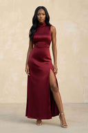 High Neck A - Line Bridesmaid Dress Wiht Slit in Burgundy - SHE IS ME Bridesmaid Dresses