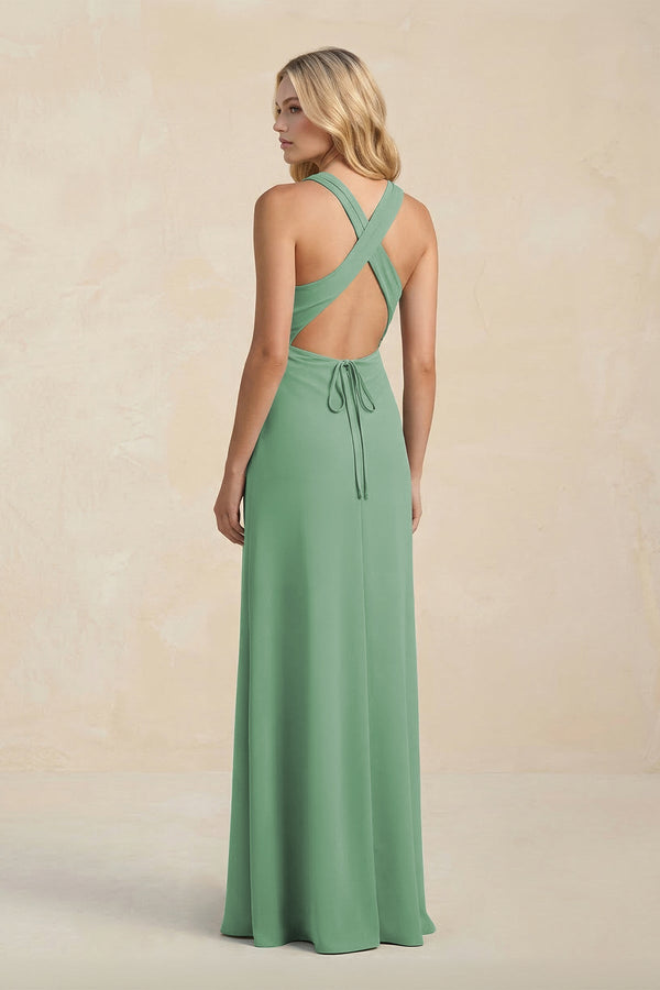 High Neck Sheath Chiffon Bridesmaid Dress With Slit in Sea Glass - SHE IS ME Bridesmaid Dresses