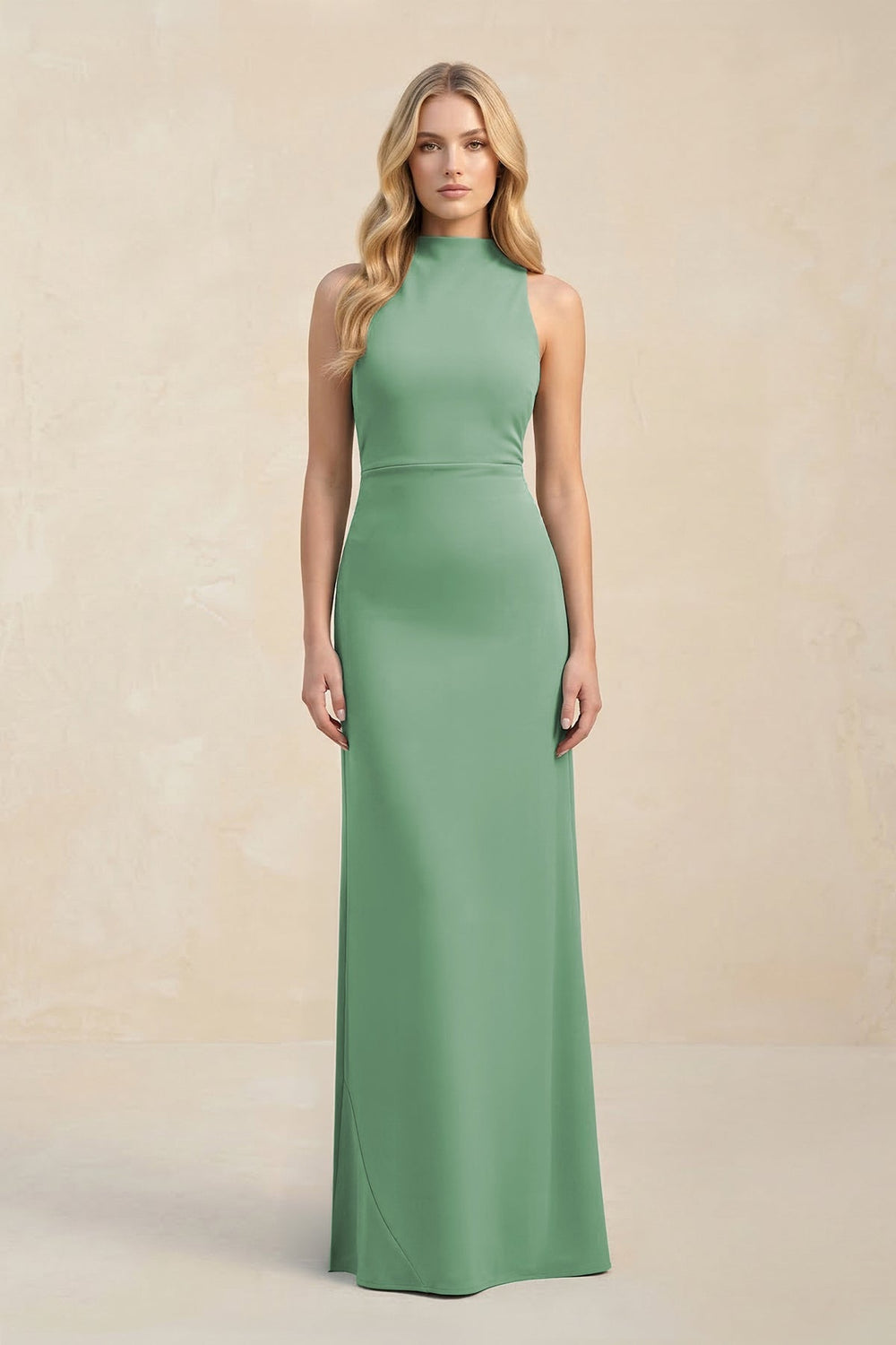 High Neck Sheath Chiffon Bridesmaid Dress With Slit in Sea Glass - SHE IS ME Bridesmaid Dresses