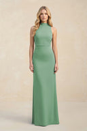 High Neck Sheath Chiffon Bridesmaid Dress With Slit in Sea Glass - SHE IS ME Bridesmaid Dresses