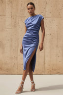 High - Neck Stretch Satin Midi Dress in Steel Blue - SHE IS ME