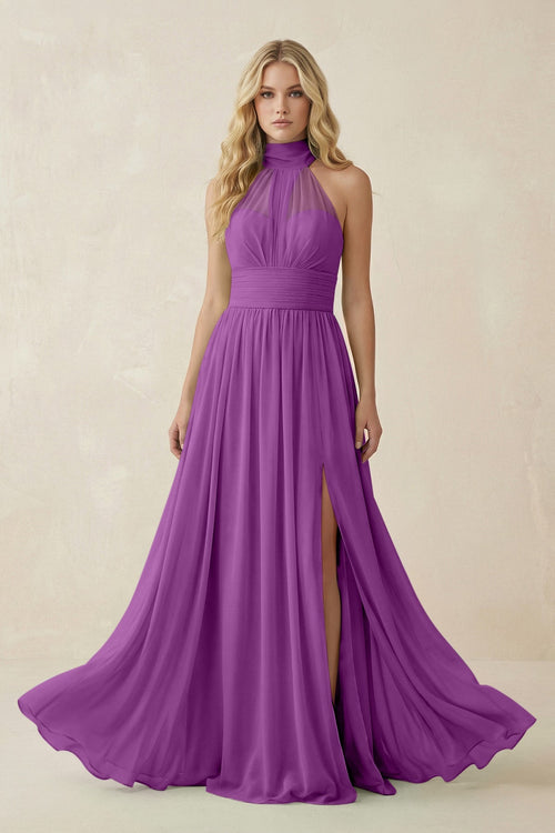Illusion Halter A - Line Chiffon Bridesmaid Gown in Amethyst - SHE IS ME Bridesmaid Dresses