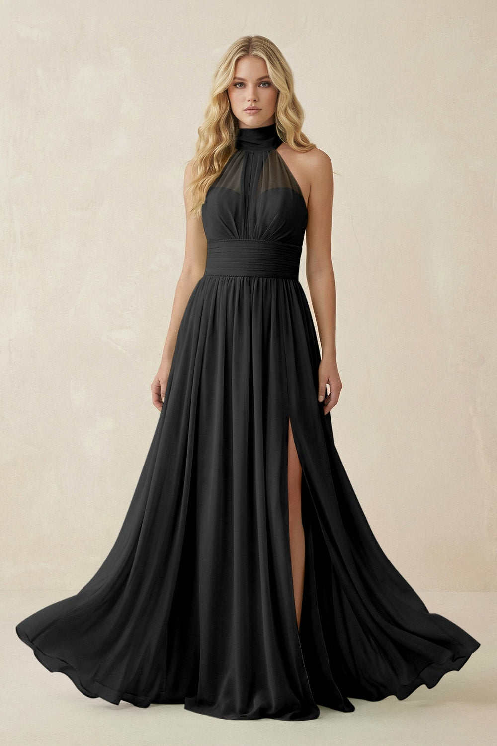 Illusion Halter A - Line Chiffon Bridesmaid Gown in Black - SHE IS ME Bridesmaid Dresses