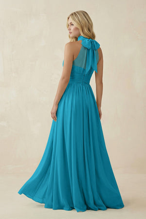 Illusion Halter A - Line Chiffon Bridesmaid Gown in Blue Jay - SHE IS ME Bridesmaid Dresses