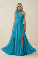 Illusion Halter A - Line Chiffon Bridesmaid Gown in Blue Jay - SHE IS ME Bridesmaid Dresses