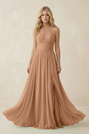 Illusion Halter A - Line Chiffon Bridesmaid Gown in Bronzer - SHE IS ME Bridesmaid Dresses