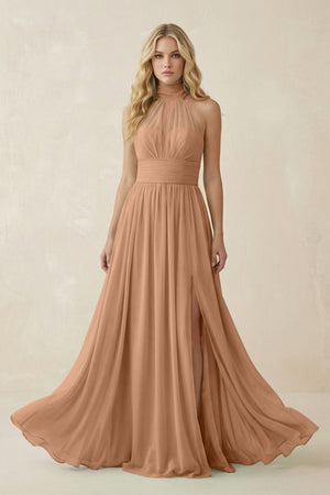 Illusion Halter A - Line Chiffon Bridesmaid Gown in Bronzer - SHE IS ME Bridesmaid Dresses