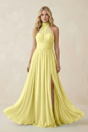 Illusion Halter A - Line Chiffon Bridesmaid Gown in Buttercup - SHE IS ME Bridesmaid Dresses