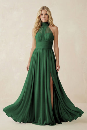 Illusion Halter A - Line Chiffon Bridesmaid Gown in Dark Green - SHE IS ME Bridesmaid Dresses