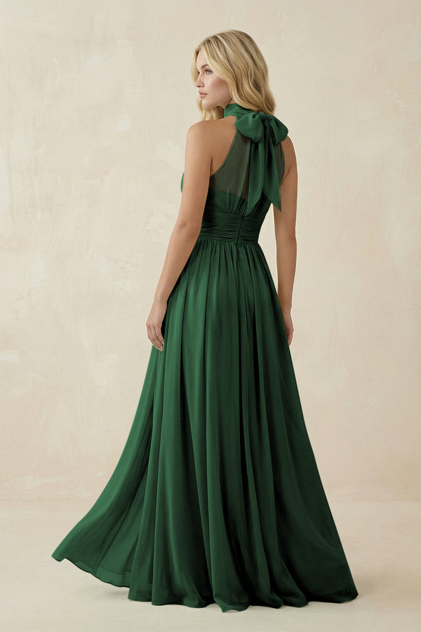 Illusion Halter A - Line Chiffon Bridesmaid Gown in Dark Green - SHE IS ME Bridesmaid Dresses