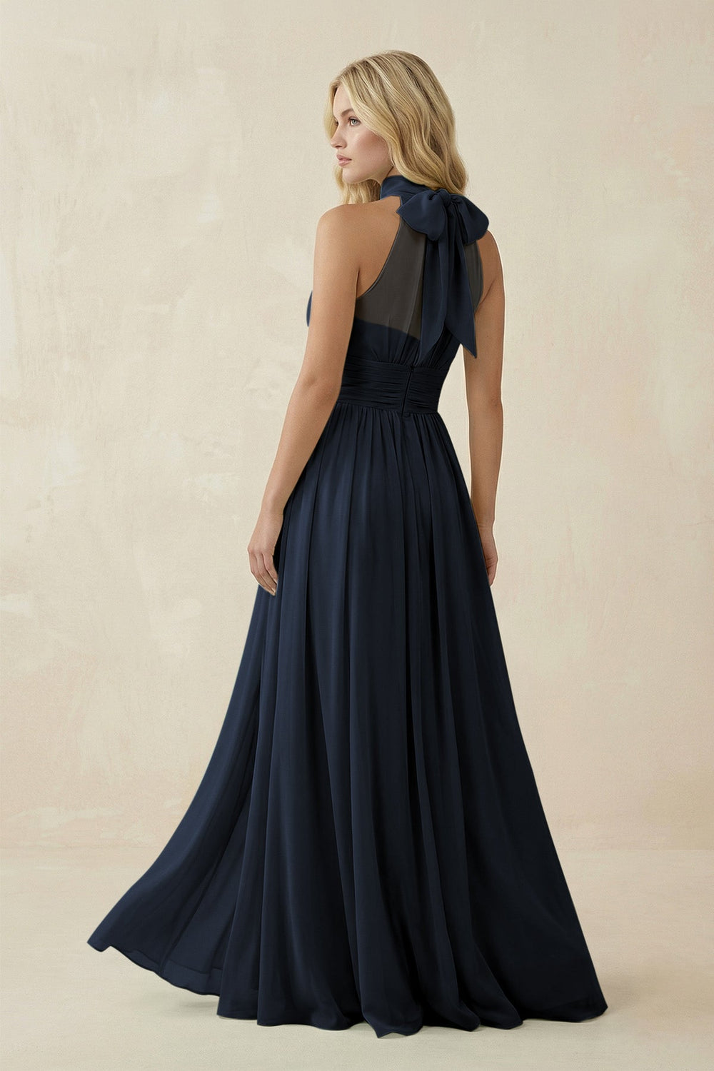 Illusion Halter A - Line Chiffon Bridesmaid Gown in Dark Navy - SHE IS ME Bridesmaid Dresses