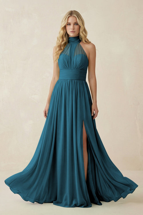Illusion Halter A - Line Chiffon Bridesmaid Gown in Dark Teal - SHE IS ME Bridesmaid Dresses