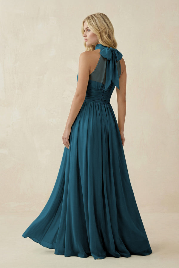 Illusion Halter A - Line Chiffon Bridesmaid Gown in Dark Teal - SHE IS ME Bridesmaid Dresses