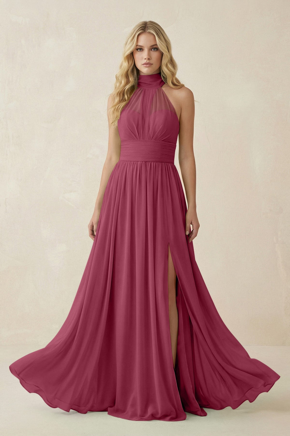 Illusion Halter A - Line Chiffon Bridesmaid Gown in Desert Rose - SHE IS ME Bridesmaid Dresses