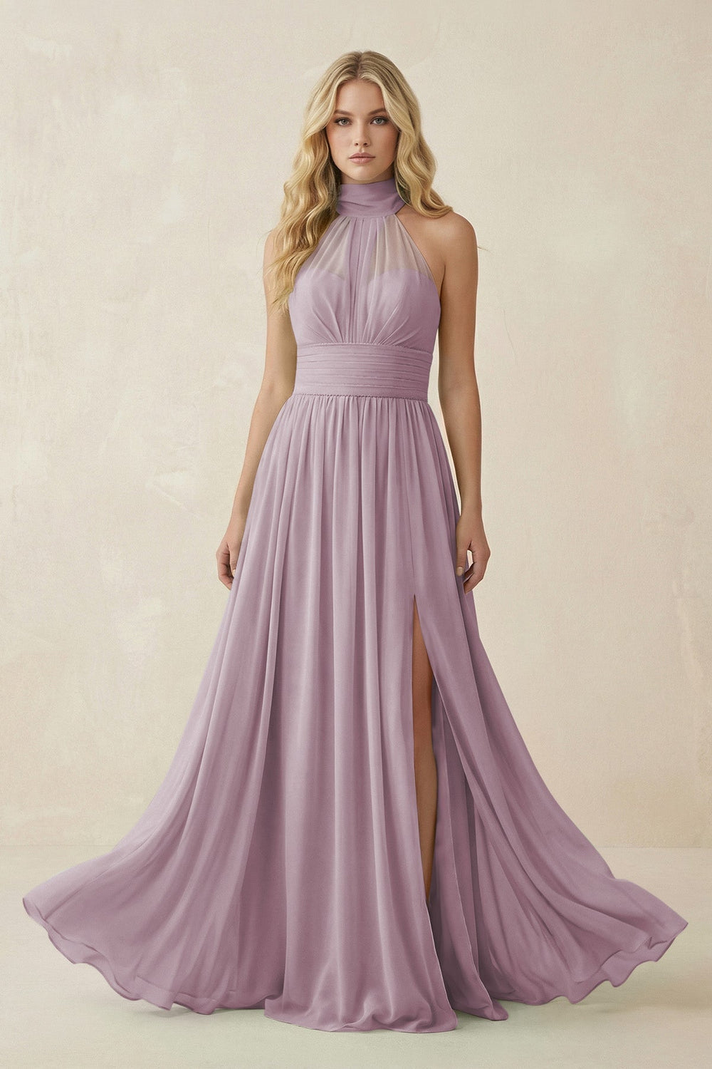 Illusion Halter A - Line Chiffon Bridesmaid Gown in Dusk - SHE IS ME Bridesmaid Dresses