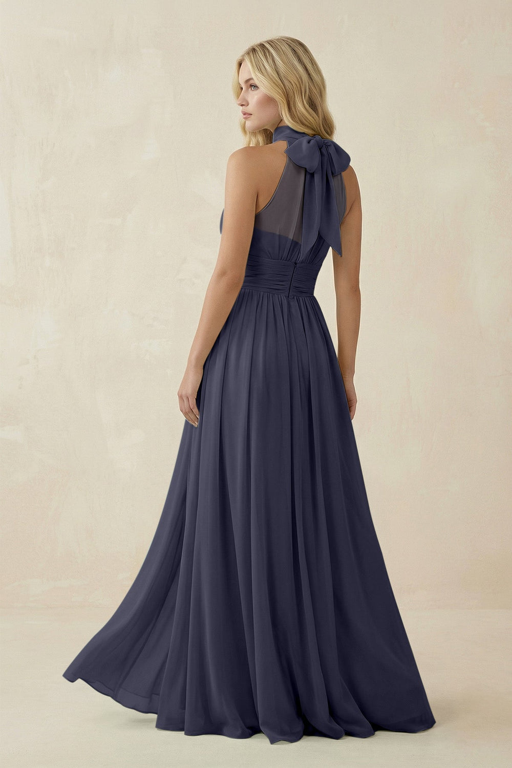 Illusion Halter A - Line Chiffon Bridesmaid Gown in Dusk Blue - SHE IS ME Bridesmaid Dresses