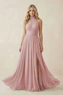 Illusion Halter A - Line Chiffon Bridesmaid Gown in Dusty Rose - SHE IS ME Bridesmaid Dresses