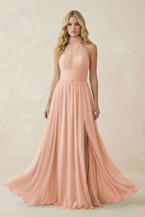 Illusion Halter A - Line Chiffon Bridesmaid Gown in English Rose - SHE IS ME Bridesmaid Dresses
