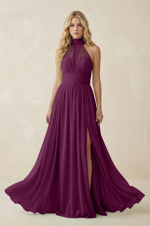Illusion Halter A - Line Chiffon Bridesmaid Gown in Fig - SHE IS ME Bridesmaid Dresses